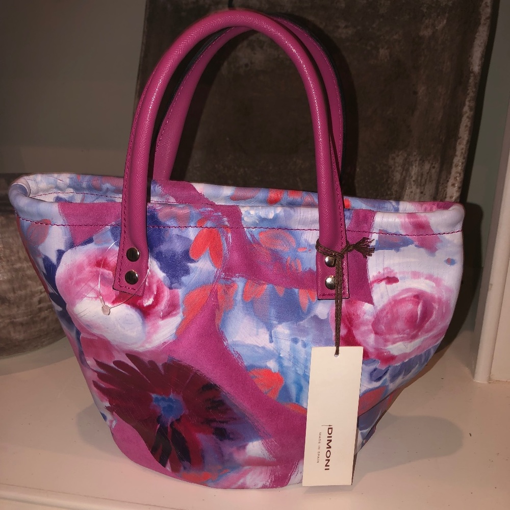 NWT Dimoni Spain leather floral bucket bag purse Eden fuxia gorgeous